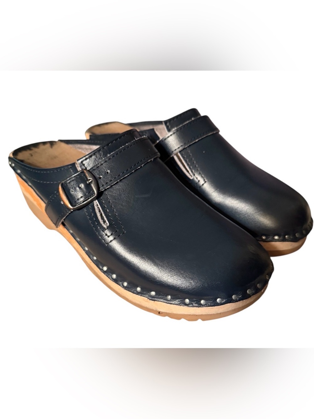 Vintage Troentorp Swedish Navy Leather Wooden Buckle Clogs EU 38 US 8-8.5.